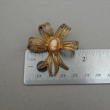 Load image into Gallery viewer, Vintage Victorian Revival Cameo Bow Brooch - Hand Carved Shell, 800 Gilt Silver Cannetille Filigree Ribbon -  Art Deco Era Pin