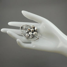 Load image into Gallery viewer, Vintage Victorian Revival Style Repousse Sterling Silver Rose Flower Brooch Oval Lapel Pin