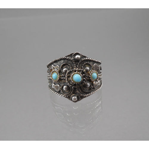 Vintage Israeli Artisan Crafted Ring - Sterling Silver Cannetille with Turquoise Stone Cabochons - Adjustable Size 9 - Made in Israel - Fine Estate Jewelry Collection