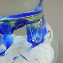 Load image into Gallery viewer, Large 5" Vintage circa 1970 Joe St. Claire Art Glass Bell Paperweight - White with Blue Lilies Flowers - Made in USA