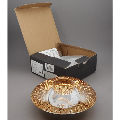 New In Box Orrefors Kosta Boda Discus Gold Art Glass Votive Candle Holder - Designed by Lars Hellsten, Made in Sweden - Unused NIB