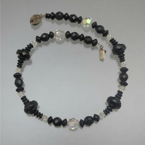 Vintage Art Deco French Jet Choker Necklace - Black Glass and AB Crystal Beads - Round, Bicone, Disc