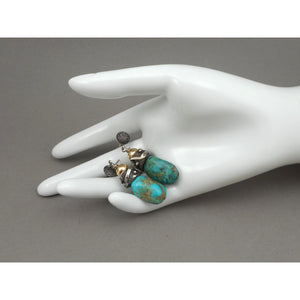 Vintage Handmade Southwestern Style Turquoise Dangle Earrings - Granulated Sterling Silver with Gold Filled Beads - USA Studio Jewelry - circa 2000