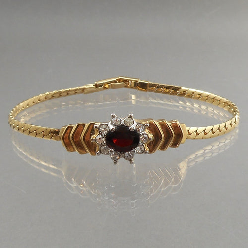 Vintage Faux Ruby Herringbone Chain Bracelet - 7 1/2