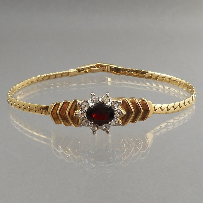 Vintage Faux Ruby Herringbone Chain Bracelet - 7 1/2
