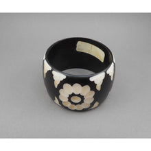 Load image into Gallery viewer, Vintage Carved Bakelite Bracelet - Black and White Daisy Flower Design - Large and Heavy Bangle  - Simichrome Tested - Circa 1930 / 1940