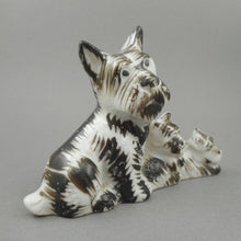 Load image into Gallery viewer, Vintage Circa 1950 Made in Occupied Japan Porcelain Scottie Dog Figurine - Black and White Terriers, Mother and 2 Puppies - MIJ Hand Painted Ceramic Statue
