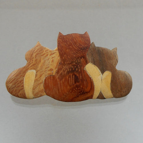 Vintage Handmade Cat and Kittens Trio Brooch Lapel Pin - Multicolor Wood Intarsia Inlay - Artisan Crafted