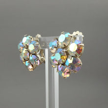 Load image into Gallery viewer, Vintage 1950s Iridescent  Rhinestone Cluster Clip On Earrings - AB Aurora Borealis Crystals, Gold Tone  - Daisy Flower Design