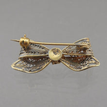 Load image into Gallery viewer, Vintage Victorian Revival Gilt 800 Silver Cannetille Gold Filigree Brooch Ribbon Bow Childs Pin