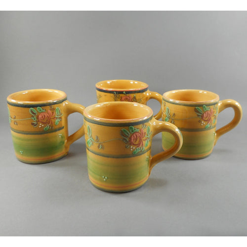 4 Vintage Veronique Pichon French Rose Design Mugs - Artisan Pottery, Uzes, France
