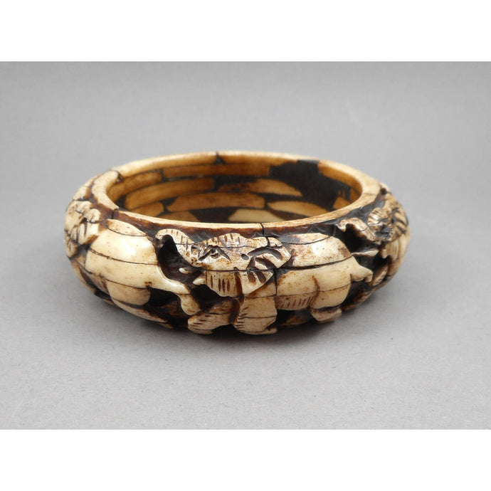 Vintage Carved Layered Cow Bone Elephant Bracelet - Large and Heavy Handmade Bangle
