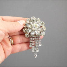 Load image into Gallery viewer, Large Vintage 1950s Rhinestone Dangle Brooch / Pendant - Flower Pin with Chain Fringe - Silver Tone, Clear Round and Marquise Stones