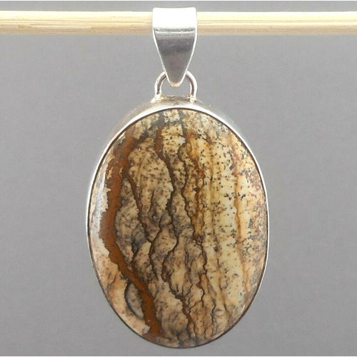 Vintage Picture Jasper & Sterling Silver Pendant Natural Beige Brown Gemstone