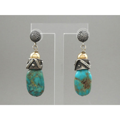 Vintage Handmade Southwestern Style Turquoise Dangle Earrings - Granulated Sterling Silver with Gold Filled Beads - USA Studio Jewelry - circa 2000