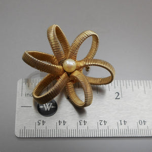 Excellent Large Vintage Mid Century Brooch - Natural Pearl, Gold Tone Wire Wrap - Flower Design - Estate Collection Jewelry