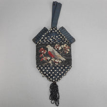 Load image into Gallery viewer, Antique Victorian Micro Bead Wristlet Purse with Beaded Tassel - Pleated Black Satin - Dove Bird Design - Black, Silver, Red