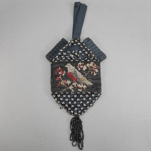 Antique Victorian Micro Bead Wristlet Purse with Beaded Tassel - Pleated Black Satin - Dove Bird Design - Black, Silver, Red