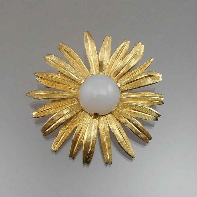 Large Vintage Mid Century German Glass and Sterling Silver Vermeil Flower Brooch - Gold Plated MCM Pin  - Made in Germany