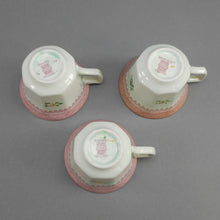 Load image into Gallery viewer, 3 Vintage Adams Calyx Ware Lowesoft Pattern Demitasse Cups and Saucer Sets + 1 Replacement Saucer - Circa 1930 English Ironstone - Pale Blue Green with Pink Flowers - Made in England