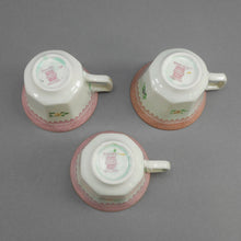 Load image into Gallery viewer, 3 Vintage Adams Calyx Ware Lowesoft Pattern Demitasse Cups and Saucer Sets + 1 Replacement Saucer - Circa 1930 English Ironstone - Pale Blue Green with Pink Flowers - Made in England