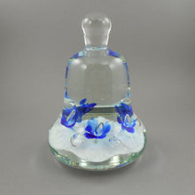 Load image into Gallery viewer, Large 5" Vintage circa 1970 Joe St. Claire Art Glass Bell Paperweight - White with Blue Lilies Flowers - Made in USA