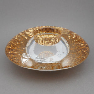 New In Box Orrefors Kosta Boda Discus Gold Art Glass Votive Candle Holder - Designed by Lars Hellsten, Made in Sweden - Unused NIB