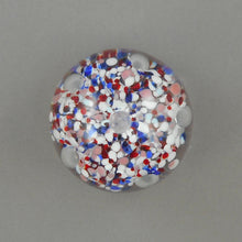 Load image into Gallery viewer, Vintage circa 1975 John Gentile Art Glass Paperweight - Eagle and Shield Pontil Stamp Mark - Red White and Blue Flower - Made in USA - Star City, Morgantown, WV