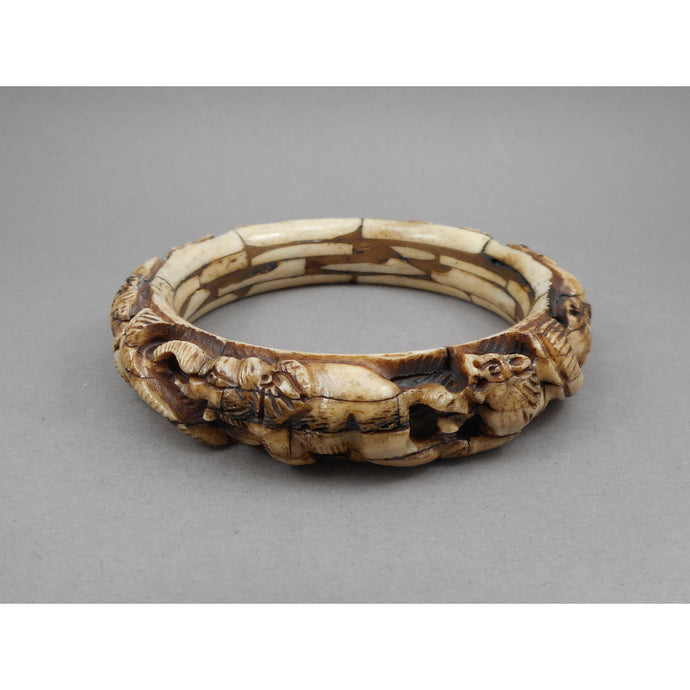 Vintage Carved Layered Cow Bone Bracelet - Elephant and Lion Figures - Handmade Bangle