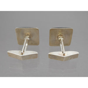 Vintage Handmade Eileen Sutton Cufflinks - US Artisan Studio Jewelry - Post Modern Style - 14K Gold Filled Sterling Silver, Black and Blue Resin
