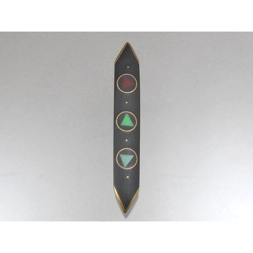 Vintage Handmade Eileen Sutton Point Bar Pin - Signed US Artisan Brooch - C 1990 Post Modern Style Jewelry Bronze Black Red Green Blue Resin