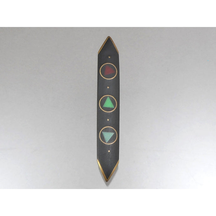 Vintage Handmade Eileen Sutton Point Bar Pin - Signed US Artisan Brooch - C 1990 Post Modern Style Jewelry Bronze Black Red Green Blue Resin