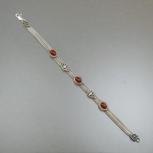 Vintage Middle Eastern Carnelian and Sterling Silver Bracelet - Multi Strand Chain with Oval Cabochons