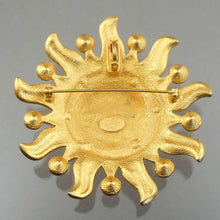 Load image into Gallery viewer, Vintage Kirks Folly One Love Sun Face Brooch / Enhancer Pendant - Gold Tone Rhinestone Pin - Signed Designer Jewelry