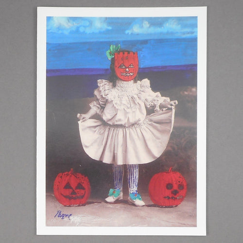 Set of 5 Vintage Peter Paone Fine Art Halloween Blank Greeting Card - Girl with Pumpkin Head - Collage and Paint on Victorian Photograph of a Child - circa 1990