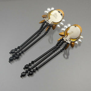 Vintage French Jet Chandelier Dangle Earrings Faux Pearl Black Glass Rhinestones
