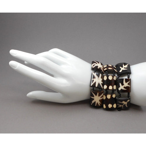 3 African Batik Dyed Cow Bone Bracelets - Lot of Stacking Bangles with Black Maasai Glass Seed Beads - Handmade Ethnic, Tribal, Jewelry