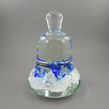 Load image into Gallery viewer, Large 5" Vintage circa 1970 Joe St. Claire Art Glass Bell Paperweight - White with Blue Lilies Flowers - Made in USA