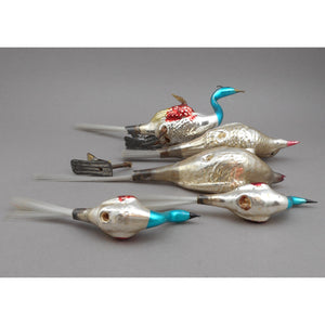 Antique Vtg Mercury Glass Bird Christmas Ornaments - Clip On, Spun Tails - As Is Lot of 5 for Restoration