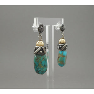 Vintage Handmade Southwestern Style Turquoise Dangle Earrings - Granulated Sterling Silver with Gold Filled Beads - USA Studio Jewelry - circa 2000