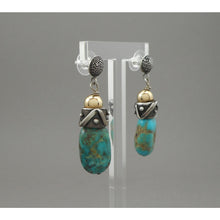 Load image into Gallery viewer, Vintage Handmade Southwestern Style Turquoise Dangle Earrings - Granulated Sterling Silver with Gold Filled Beads - USA Studio Jewelry - circa 2000