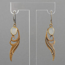 Load image into Gallery viewer, Vintage Handmade Mother of Pearl Bronze Feather Design Dangle Earrings - Gold, Silver and MOP, Artisan Crafted
