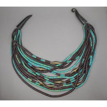 Load image into Gallery viewer, Vintage Gerda Lynggaard Monies, Denmark Multi Strand Necklace - Danish Artisan Jewelry - Carved Horn Clasp, Brown and Turquoise Coconut Beads, Stamped Brass Cones - circa 1970/1980