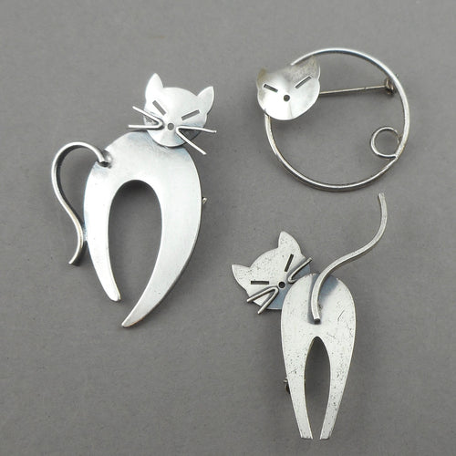 Collection of 3 Vintage Silver Mid Century Cat Pins Brooches - Beau Sterling, W Germany - Figural Animal Jewelry Lot