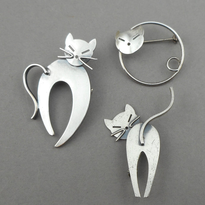 Collection of 3 Vintage Silver Mid Century Cat Pins Brooches - Beau Sterling, W Germany - Figural Animal Jewelry Lot