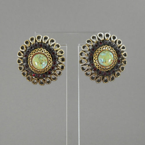 Vintage 1950s HAR Hargo Clip On Earrings - Faux Turquoise and Garnet Stones - Gold Tone, Green Glass Cabochons, Red Rhinestones - Signed Designer Estate Costume Jewelry