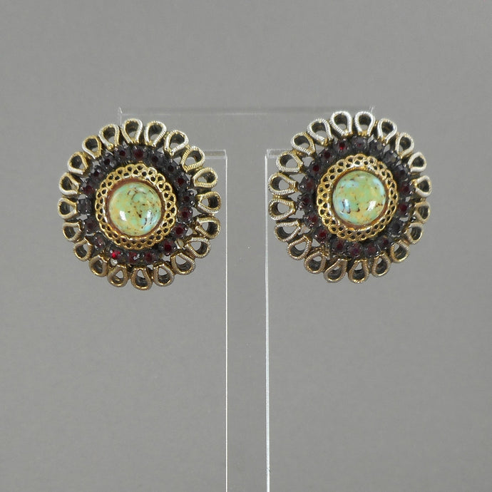 Vintage 1950s HAR Hargo Clip On Earrings - Faux Turquoise and Garnet Stones - Gold Tone, Green Glass Cabochons, Red Rhinestones - Signed Designer Estate Costume Jewelry