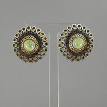 Load image into Gallery viewer, Vintage 1950s HAR Hargo Clip On Earrings - Faux Turquoise and Garnet Stones - Gold Tone, Green Glass Cabochons, Red Rhinestones - Signed Designer Estate Costume Jewelry