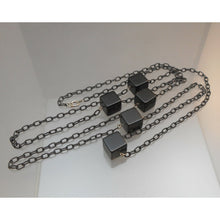 Load image into Gallery viewer, Vintage 56&quot; Long Statement Fashion Necklace Black Chain Plastic Cubes Blocks