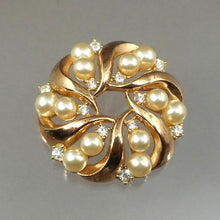 Load image into Gallery viewer, Excellent Vintage 1954 Signed Crown Trifari Brooch Pin - Trade Winds Jewelry Collection by Alfred Philippe - &quot;Trifanium&quot; Gold Tone, Rhinestones, Faux Pearls